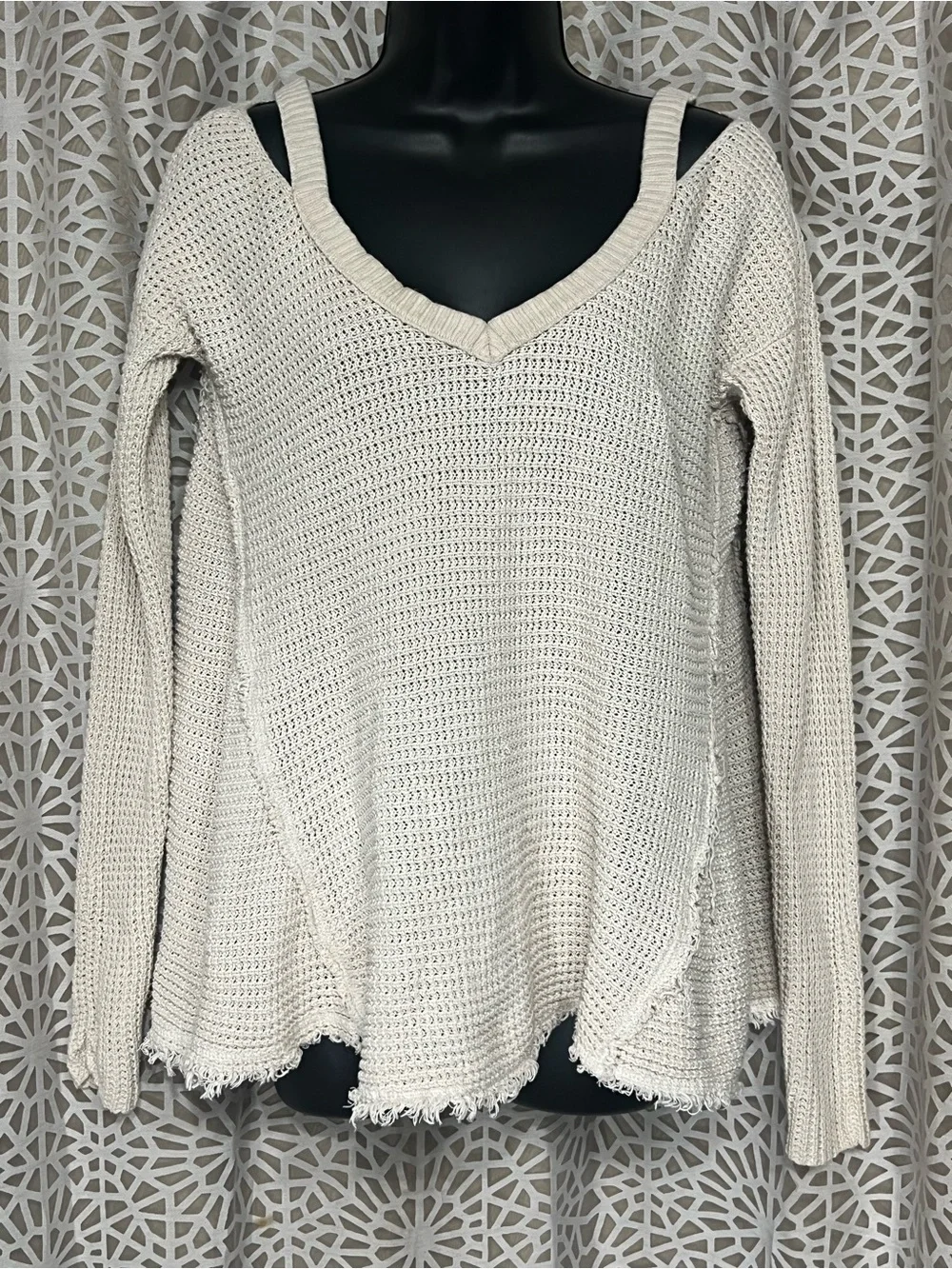 Free People Thermal Knit V-Neck Tunic Sweater Cream Raw Hem Cotton XS